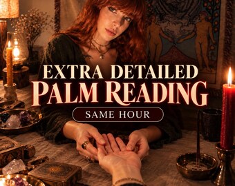 May include: A person with long red hair wearing a dark green sweater performs a palm reading. The text reads EXTRA DETAILED PALM READING SAME HOUR. The scene includes a lit red candle, a gold ring, crystals, and a tarot card tapestry.