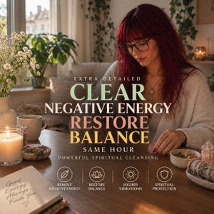 May include: A digital graphic featuring text that reads EXTRA DETAILED CLEAR NEGATIVE ENERGY RESTORE BALANCE SAME HOUR POWERFUL SPIRITUAL CLEANSING. Below are four icons with labels: REMOVE NEGATIVE ENERGY, RESTORE BALANCE, HIGHER VIBRATIONS, SPIRITUAL PROTECTION.