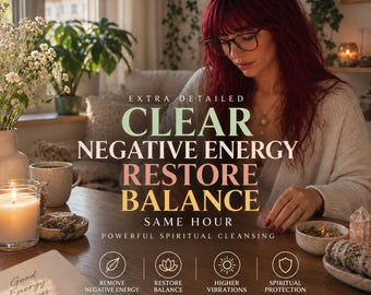 May include: A digital graphic featuring text that reads EXTRA DETAILED CLEAR NEGATIVE ENERGY RESTORE BALANCE SAME HOUR POWERFUL SPIRITUAL CLEANSING. Below are four icons with labels: REMOVE NEGATIVE ENERGY, RESTORE BALANCE, HIGHER VIBRATIONS, SPIRITUAL PROTECTION.