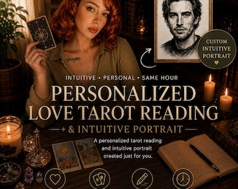 May include: A digital graphic featuring a personalized love tarot reading and intuitive portrait service. The image displays tarot cards, a hand-drawn portrait of a man, a notebook with a pen, and candles, with text reading Personalized Love Tarot Reading & Intuitive Portrait.