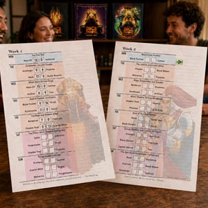 May include: Two white paper game score sheets titled Week 1 and Week 2, featuring daily schedules with character names like Moon Elf, Alchemist, and Black Panther. The sheets include empty checkboxes for tracking match results and faded character illustrations.