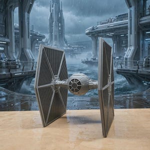 May include: A gray TIE fighter model featuring a spherical cockpit with a circular window and two large, flat, hexagonal solar array wings. The spacecraft is positioned on a smooth, light-colored surface with visible water droplets.