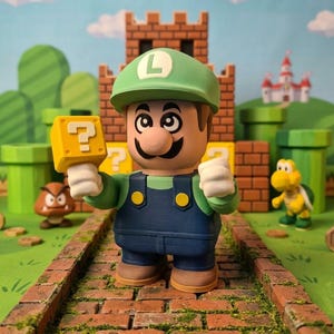 May include: A 3D-printed figurine of a character wearing a green cap with an L emblem, a green shirt, and blue overalls. The figure has a mustache, white gloves, and brown shoes, holding a yellow cube block with a white question mark symbol.