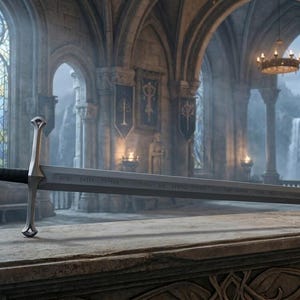 May include: A long, double-edged metal sword with a silver-toned crossguard and a black-wrapped hilt, resting horizontally on a stone surface within a grand hall featuring arched windows, stone pillars, and hanging banners.