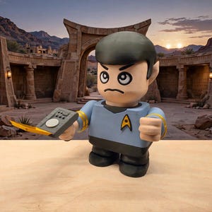 May include: A stylized figurine of a character with pointed ears, wearing a light blue shirt with a black collar and a yellow delta insignia, black pants, and gold sleeve stripes, holding a grey and yellow communicator device in one hand.