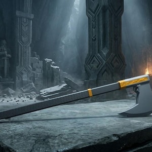 May include: A long-handled axe with a matte dark gray finish, featuring bright yellow accents on the handle and near the head. The axe head has a sharp, curved blade edge and a flat poll, resting horizontally on a stone surface.