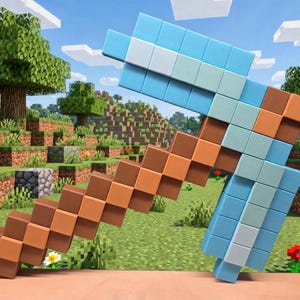May include: A pixelated toy pickaxe featuring a brown handle and a head constructed from light blue, medium blue, and white square blocks. The design mimics a blocky aesthetic with a distinct grid pattern across the entire surface of the tool.