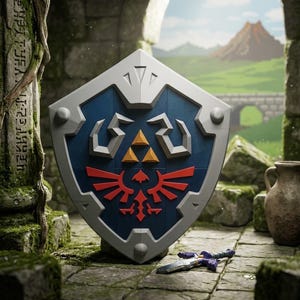 May include: A shield with a blue center, a silver border, and a red bird emblem above three golden triangles. The shield features a pointed top and bottom with circular accents on the sides. A small purple and silver sword lies on the ground below.