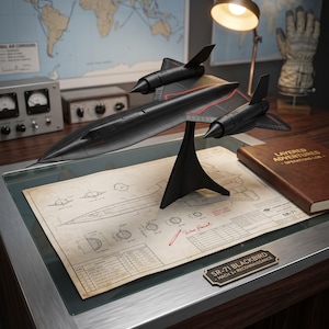 May include: A black SR-71 Blackbird model aircraft mounted on a black stand, positioned over a technical blueprint document. A small plaque on the desk reads SR-71 BLACKBIRD - MACH 3+ RECONNAISSANCE. The aircraft features red accent lines on the wings.