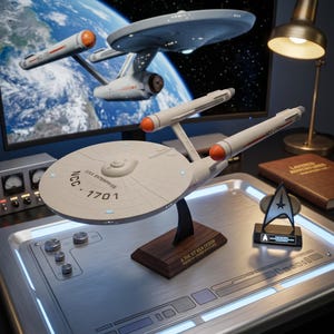 May include: A model of the U.S.S. Enterprise NCC-1701 starship featuring a white saucer section, two engine nacelles with orange tips, and a wooden base with the text A THE KIT KILN DESIGN PRINTED BY LAYERED ADVENTURES. Includes a small Starfleet insignia.