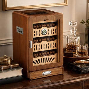 May include: A wooden cigar humidor cabinet with a glass door, featuring three interior shelves filled with cigars, a built-in round analog hygrometer displaying 65, a silver handle, and a bottom storage drawer on a dark wood surface.