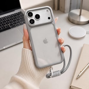 May include: A light gray smartphone case with a clear back panel, featuring a raised camera cutout area and a matching gray braided wrist strap attached to the bottom. The case has a smooth, matte finish and is designed to fit a phone with a triple-lens camera system and a central Apple logo visible through the transparent back.