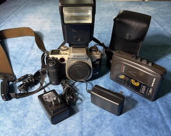 Vintage Canon EOS Elan IIE 35mm Camera Radio Shack VOX Recorder Flash Bundle