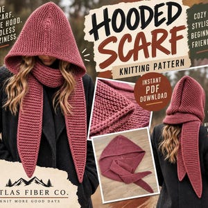 Hooded Scarf Knitting Pattern | Easy Garter Stitch Hooded Cowl | PDF