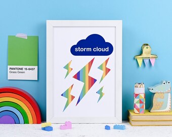 Fun kids art prints -  Rainbow Lightening Storm Cloud