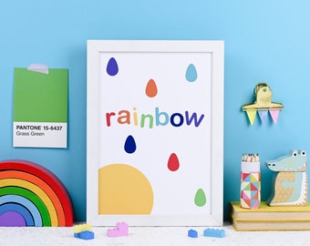 Rainbow raindrops kids art print