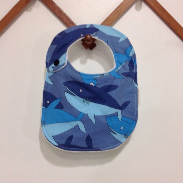 Blue baby bib, sharks, white minky, baby boy, baby shower gift