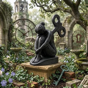 Può includere: Una scultura dal finish opaco scuro raffigurante una persona seduta in posizione rannicchiata con un grande meccanismo a chiave di carica sulla schiena, poggiata su un piedistallo in pietra con una chiave in metallo usurata a terra vicino.