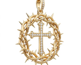 May include: A gold pendant featuring a central cross set with small white diamonds, encircled by a detailed crown of thorns. The crown of thorns is also accented with small white diamonds. The pendant includes a diamond-encrusted bail at the top.