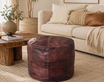 Vintage Dark Burgundy Genuine Leather Craft, Handmade Moroccan Pouf Ottoman, Round Unstuffed Coffee Table