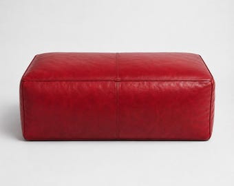 Large Leather Pouf Ottoman Cover, RED, CHERRY RED Moroccan Coffee Table Footstool, Genuine Leather Bench, Handmade Unstuffed Pouf