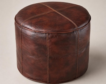Vintage-Pouf aus echtem Leder in tiefem Mandelbraun, handgefertigt, runder, unbefüllter Couchtisch aus marokkanischem Leder