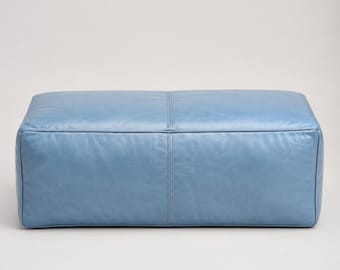 Large Rectangular Leather Pouf Ottoman Cover, Sky Blue Moroccan Coffee Table Footstool, Genuine Leather Bench, Handmade Unstuffed Pouf
