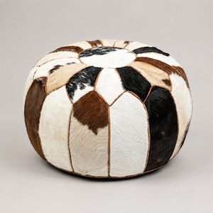 Pouf ottoman rond marocain en cuir de vachette véritable pleine fleur, fait main (noir, blanc, marron, beige)
