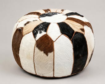 Full Cowhide Genuine Leather Pouf, Handmade Moroccan Round Ottoman Footstool, (Black, White, Brown, Beige)