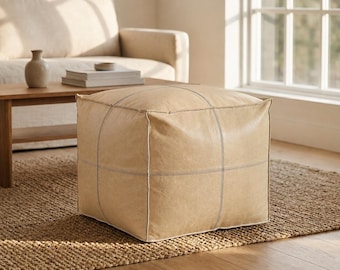 Beige Leather Pouf Ottoman, Black Stitching Moroccan Square Footstool, Footrest, Hassock, Small Coffee Table, Artisan Hand Made