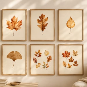 May include: A set of six framed wall art prints featuring watercolor illustrations of various autumn leaves in shades of orange, brown, and yellow. Each print is encased in a light-toned wooden frame, displaying botanical leaf studies.