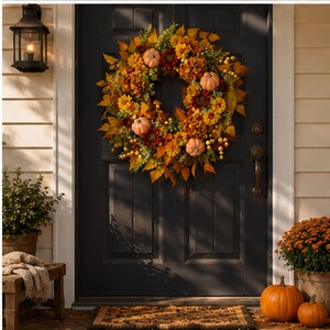 May include: A circular autumn wreath featuring orange pumpkins, yellow and red flowers, and various fall-colored leaves. The wreath is mounted on a dark gray door, surrounded by a porch setting with potted plants and a wooden bench nearby.