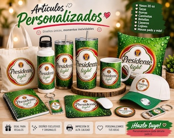 May include: A collection of merchandise featuring the Presidente Light beer logo, including a canvas tote, water bottle, two tumblers, a ceramic mug, a pillow, a notebook, a keychain, a mouse pad, a baseball cap, and a bottle opener.