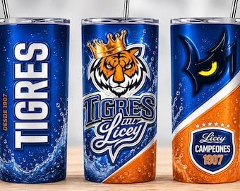 May include: Three stainless steel tumblers with lids and straws, featuring a blue and orange color scheme. The design includes a tiger wearing a crown, the text TIGRES DESDE 1907, TIGRES DEL LICEY, and LICEY CAMPEONES 1907, with water splash graphics.