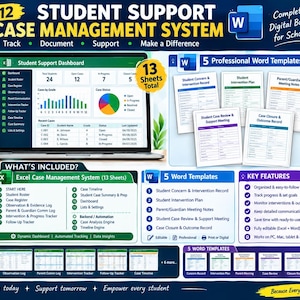 May include: A K-12 Student Support Case Management System digital bundle featuring a laptop displaying a dashboard, 13 Excel sheets, and 5 Word templates. The layout includes lists of included files, key features, and icons for Excel and Word software.