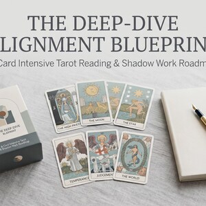 May include: A tarot card set titled The Deep-Dive Alignment Blueprint with a box, six illustrated cards featuring The High Priestess, The Moon, The Star, Temperance, Judgement, and The World, a cream-colored notebook, and a gold-toned fountain pen.