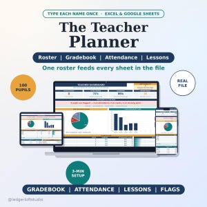 May include: A digital teacher planner for Excel and Google Sheets featuring a dashboard with roster, gradebook, attendance, and lesson tracking. The display shows data visualisations, pie charts, and bar graphs across a laptop, tablet, and smartphone.