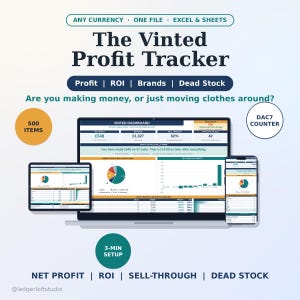 May include: A digital spreadsheet tool titled The Vinted Profit Tracker displayed on a laptop, tablet, and smartphone. The interface features data charts, net profit, ROI, sell-through rates, and dead stock metrics for tracking sales performance.