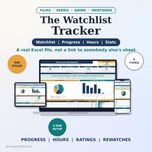 May include: A digital watchlist tracker Excel file displayed on a laptop, tablet, and smartphone. The dashboard features charts, progress bars, and statistics for films, series, anime, and webtoons. Text includes The Watchlist Tracker and 300 Titles.