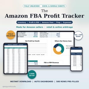 May include: The Amazon FBA Profit Tracker is a digital spreadsheet for Excel and Google Sheets. It features a dashboard with inventory, profit, ROI, and fee tracking. The display shows tables, a donut chart, and monthly summaries for Amazon sellers.