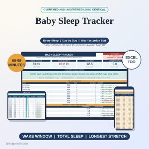 May include: A digital baby sleep tracker template displayed on a computer screen, tablet, and smartphone. The interface features charts for wake windows, total sleep, and longest stretch, with text including "Baby Sleep Tracker" and "Excel Too".