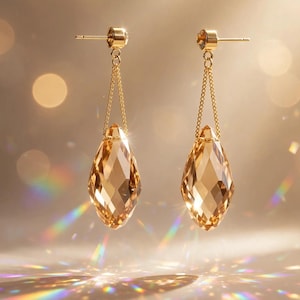 Op de afbeelding: Een paar goudkleurige oorbellen met gefacetteerde, amberkleurige druppelvormige kristallen die aan fijne gouden kettinkjes hangen. De oorbellen hebben een stekersluiting en vertonen een heldere, geometrische slijpvorm.