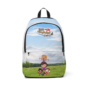 May include: A backpack featuring a sky and grassy field background with the Little Einsteins logo at the top. The front pocket displays four cartoon characters stacked in a pyramid formation. The bag has black trim, a top handle, and zippers.