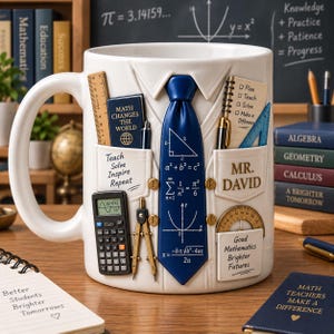 May include: A white ceramic mug shaped like a dress shirt with a blue tie. The design features raised illustrations of a ruler, a calculator, a compass, a notebook, and math formulas. Text includes "Teach Solve Inspire Repeat" and "MR. DAVID".