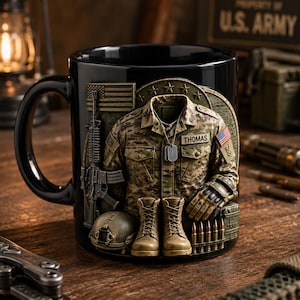 May include: A black ceramic mug featuring a 3D-style relief design of a camouflage military uniform with a name tag reading THOMAS, dog tags, a rifle, a helmet, combat boots, gloves, ammunition, and an American flag emblem on the chest.