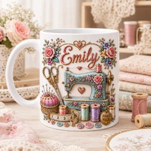 Könnte beinhalten: Ein weißer Keramikbecher mit einer farbenfrohen Illustration einer alten Nähmaschine, Schere, Nadelkissen, Garnrollen, Maßband und Knöpfen. Der Name Emily steht in Schreibschrift über der Nähmaschine, ergänzt durch ein Hand Made-Schild.