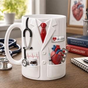 Puede incluir: Una taza de cerámica blanca con forma de bata de médico, corbata roja, estetoscopio negro, placa con el nombre DR. LUCIA y un corazón, un electrocardiograma impreso, un frasco de medicina, una jeringa, un modelo de corazón y pastillas.