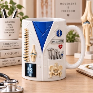 May include: A white ceramic mug featuring a 3D design of a white lab coat over a blue scrub top. The mug displays a spine, a knee joint, an X-ray of a knee, a heart icon, a nameplate reading DR. CARTER, medical tools, and a pelvic bone model.