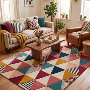 Puede incluir: Una alfombra rectangular con un patrón geométrico de triángulos en tonos rosa oscuro, amarillo mostaza, azul verdoso y crema. Algunos triángulos presentan estampados florales, rayas blancas y negras o lunares, creando un efecto visual variado.
