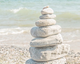 Cairn stacked rocks PRINT ACRYLIC or CANVAS gallery wrap Artwork Bathroom Home Décor Spa aqua blue pastel Beach driftwood Photo Gift for her